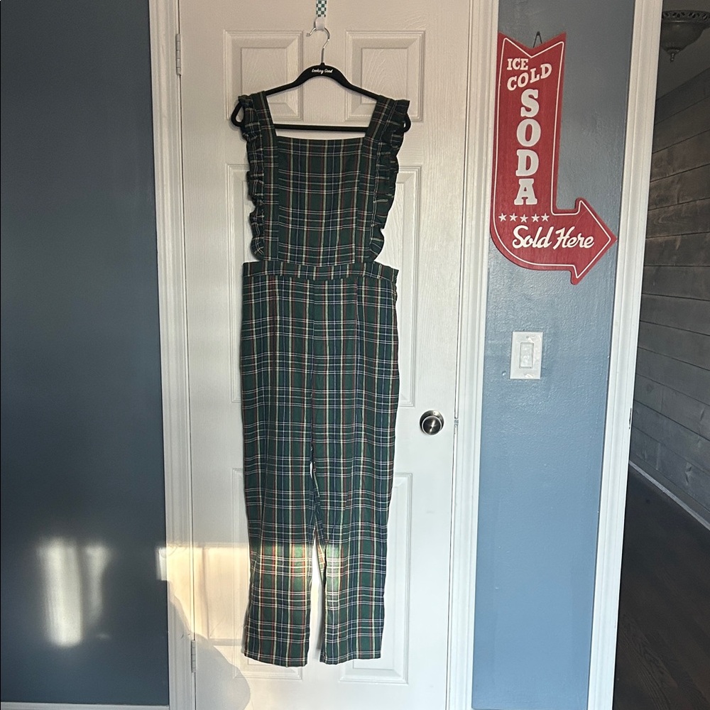 Elegant Checkered Ruffle Jumpsuit - Green and Blue